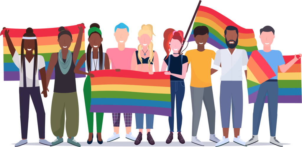 Group of illustrated characters with pride flags