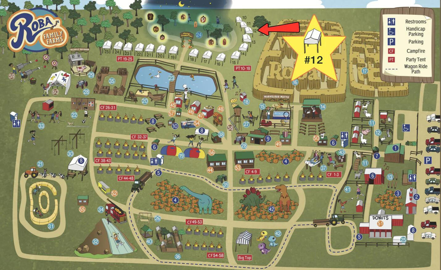 A Map of Roba's showing the location of Party Tent #12 near the back of the farm.